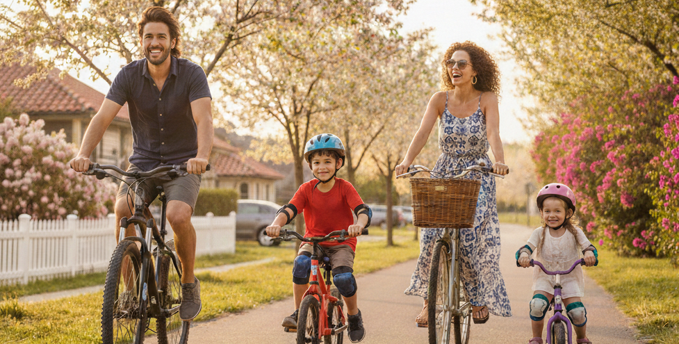 Familia andando en bicicleta